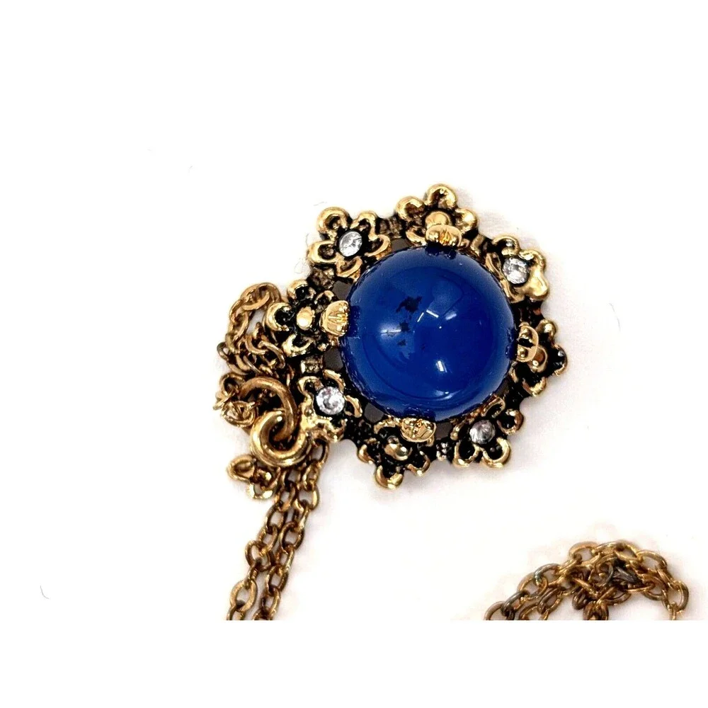 Filigree Rhinestone Cabochon Vintage Blue Gold Tone Dainty Pendant Necklace